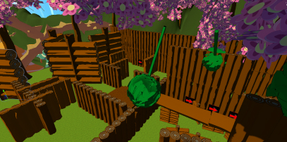 Screenshot van een parcour met rijen van houten balken waarvan sommige rijen draaien en bewegen. Er hangen grote groene slingerende bollen die je moet ontwijken. De richting van het parcour wordt met pijlen aangegeven. Buiten het parcour zijn bomen met roze bloemen te zien en de lichtblauwe lucht